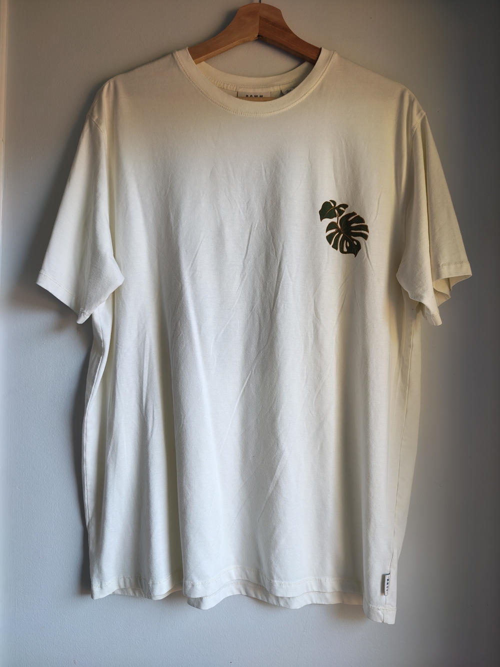 Cream Short-Sleeve Tee with Green Monstera Motif